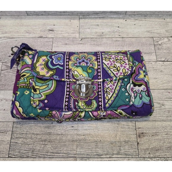 Vera Bradley Handbags - Vera Bradley Heather Wallet Wristlet Push Lock Purple Green Multi Color